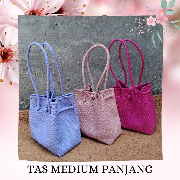 Tas Jali Polos Medium Panjang / Tali Pundak Anyaman Tote Wanita