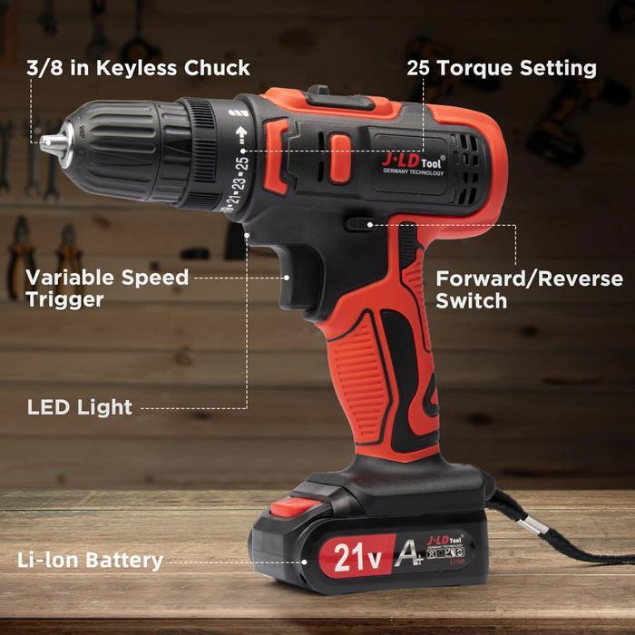 Krisbow - Mesin Bor Baterai 21V Cordless Impact Drill Bor Tangan 10Mm Chuck