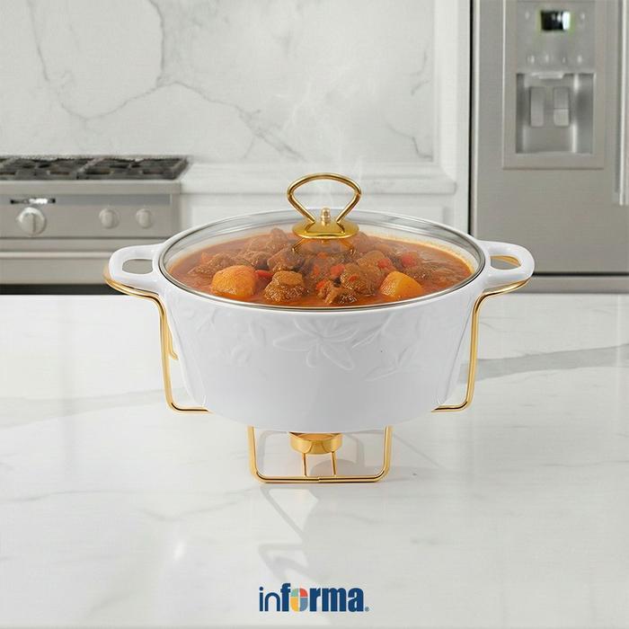 Informa Appetite 30 cm Lily Wadah Saji Casserole Porcelain Round Dengan Tutup & Rak - Putih