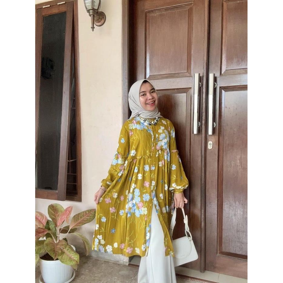 Ameena Tunik Jumbo / Tunik Rayon / Tunik Motif / Tunik Jumbo Balon Kancing Muslim Pasti Ori