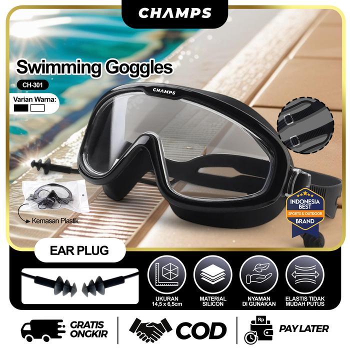 champs swimming goggles ch-301 kacamata renang sport anti fog kabut adjustable elastis anti uv big