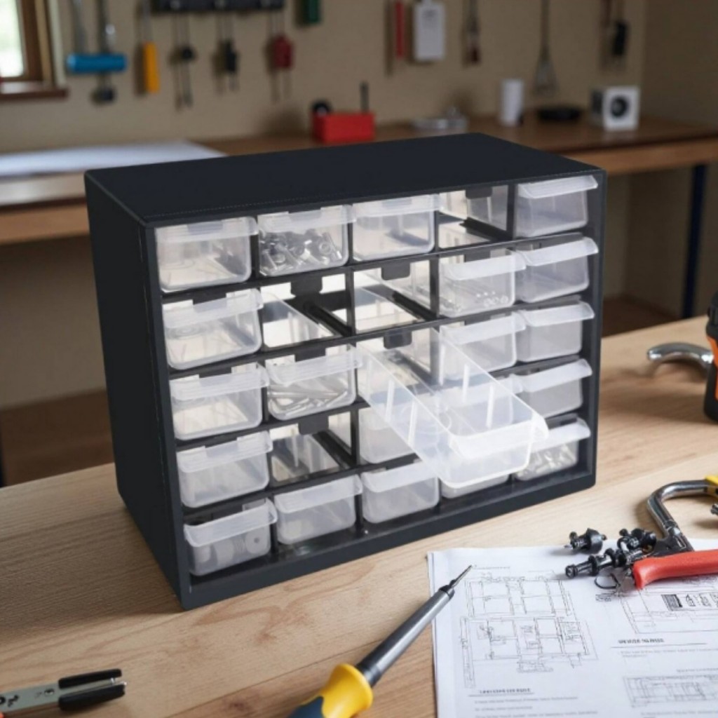 Kabinet Organizer 25 Laci Plastik untuk Penyimpanan Perkakas, Sekrup, dan Komponen Elektronik dengan