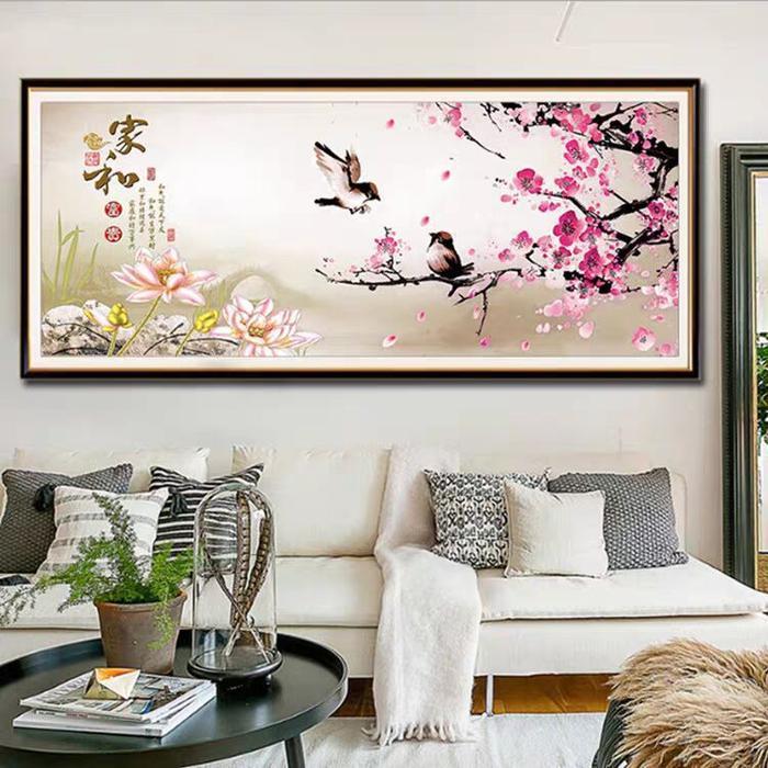 Lukisan Jadi Diamond Painting Full bunga persik teratai dan burung, keluarga harmonis 100x40 cm