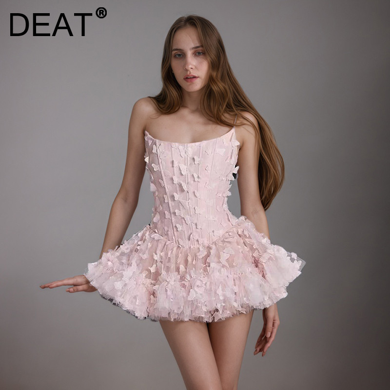 Gaun Strapless Wanita Motif Kupu-Kupu Tiga Dimensi dengan Tali Silang di Punggung - Mini Dress Musim