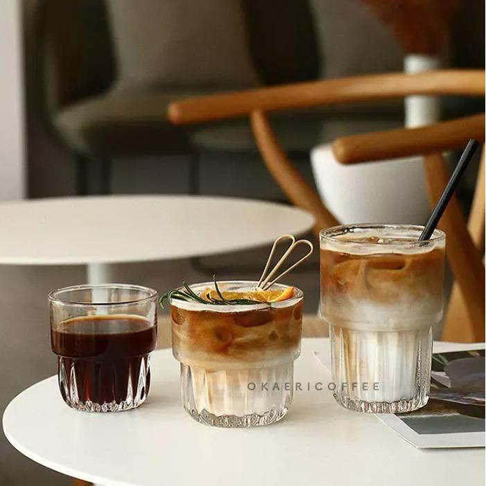 Ready Stackable Coffee Glass Cup/ Gelas Kaca Kopi Teh Cafe Tebal Bulat Garis