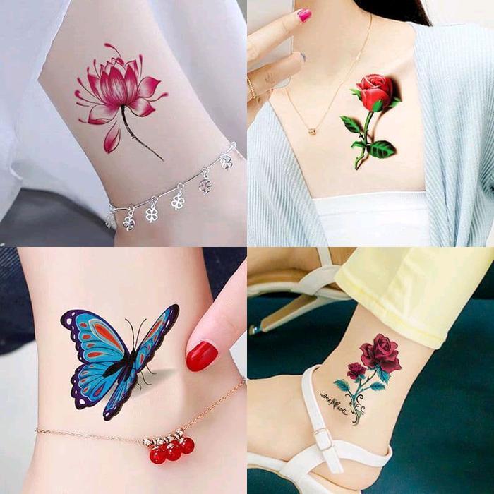 20 Lembar Gambar Sticker Tato Temporer Bunga Mawar Kupu-Kupu Cantik Imut Indah Awet Kering Tahan Air