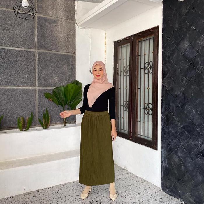 Rok Span Plisket Lidi Premium Wanita - Army