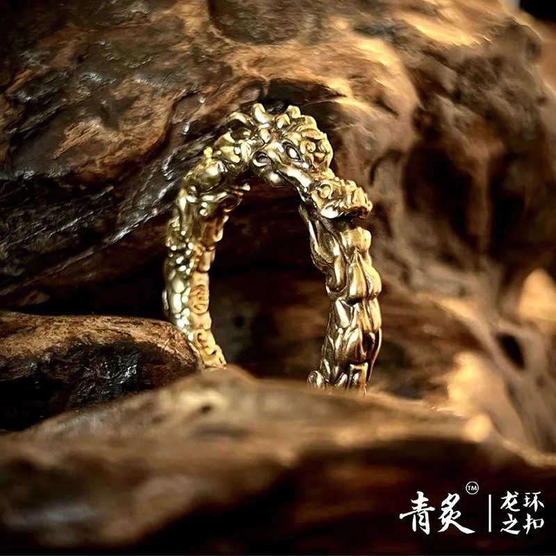 Original Brass Dragon Ring Keychain for Men Car Keychain with Open Spring Ring Hook