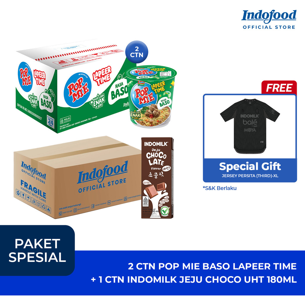 [PAKET SPESIAL JERSEY] 48 PCS POP MIE BASO LAPEER TIME + 30 PCS  INDOMILK JEJU CHOCOLATE UHT 180ML