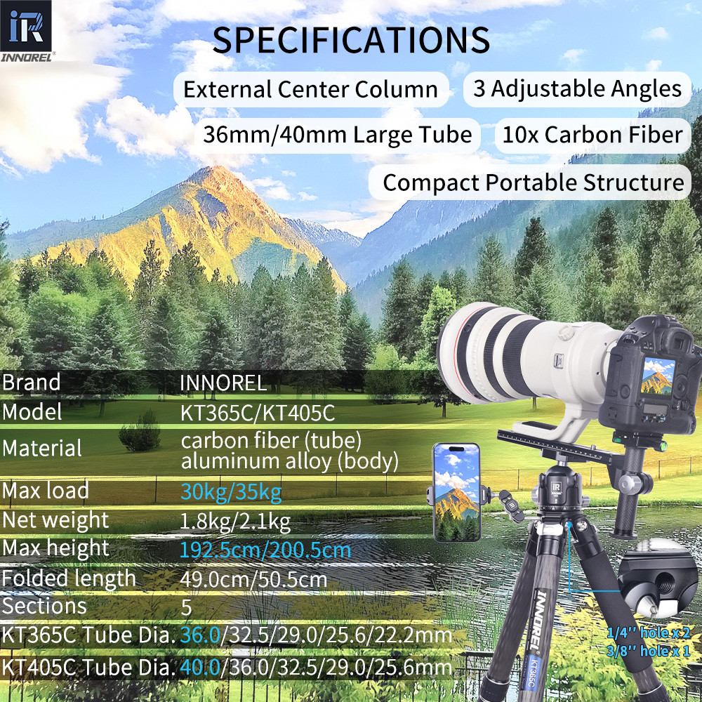 KT365C/KT405C 10 Layers Carbon Fiber Tripod 5 Sections Heavy Duty Stand Low Gravity Ballhead Short