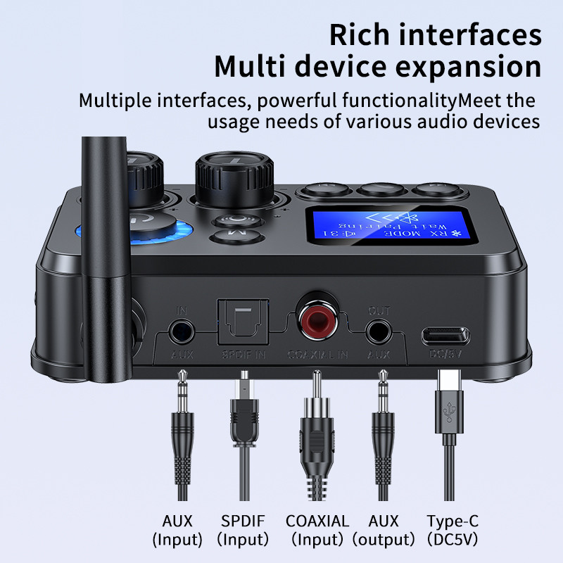 Bluetooth 5.4 Audio Transmitter Receive Support AUX/COAXIAL/SPDIF/TF/U disk with LCD Display for