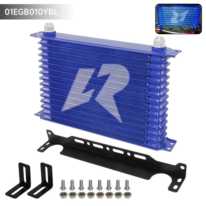 UNIVERSAL LR OIL COOLER +MOUNTING BRACKET 15 ROW 262MM 10AN ENGINE ALUMINUM BLACK/BLUE