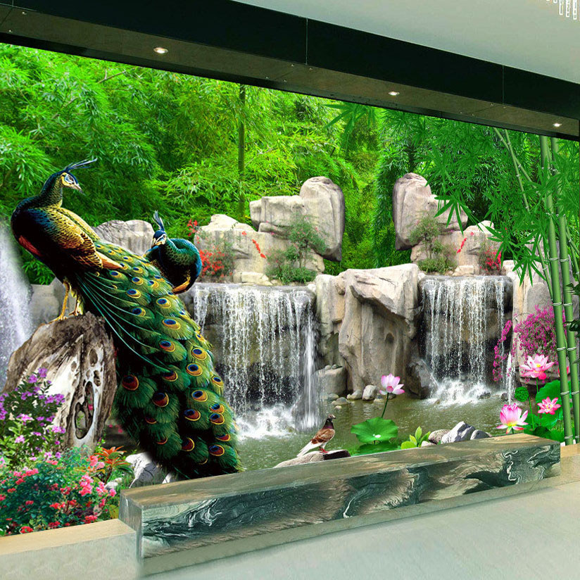 3D Wall Mural Natural Scenery Wallpaper Landscape Bamboo Forest Falls Peacock Bedding Room 3D Non-wo