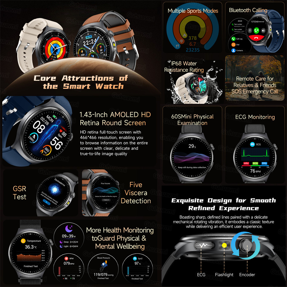 New Accurate ECG Smart Watch Heart Health Analysis Blood oxygen Pressure BT call ECG Smart Watches