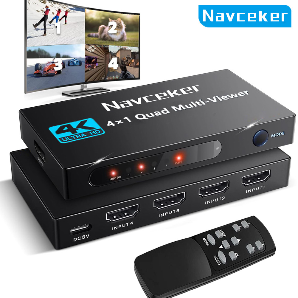 Navceker 4K Multiviewer HDMI Quad Screen 4x1 1080P 4 in 1 out HDMI Multi Viewer Seamless Switcher 9