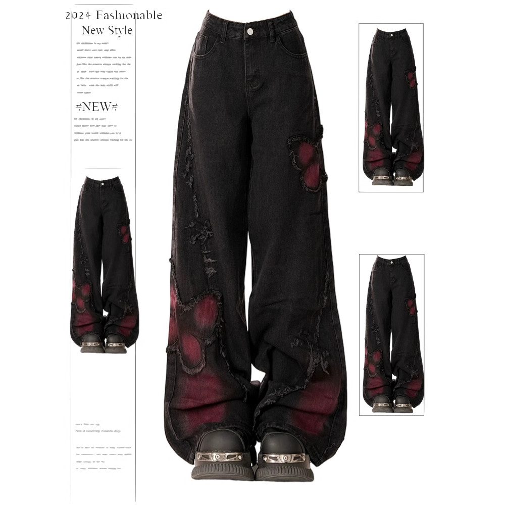 Women's Baggy Butterfly Jeans Vintage 90s Aesthetic Cowboy Pants Harajuku Oversize Denim Trousers