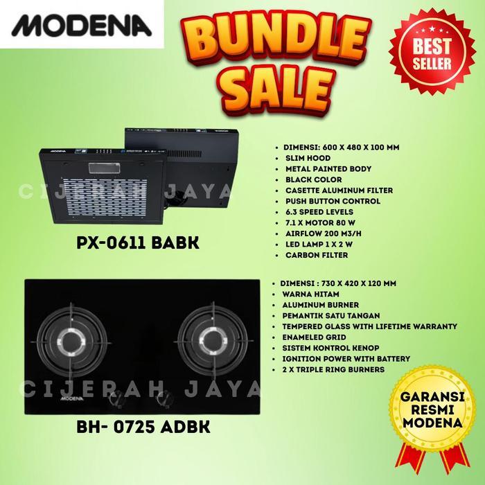 MODENA PAKET KOMPOR TANAM GAS 2 TUNGKU BH 0725 ADBK BH0725 + COOKERHOOD MODENA PX 0611 BABK TUDUNG H