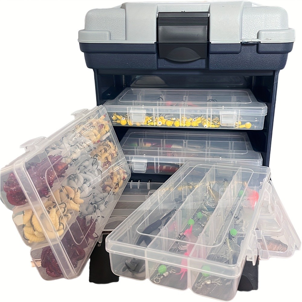 A portable fishing tackle box, a four-layer bait box, a grey fishing accessory storage box, a