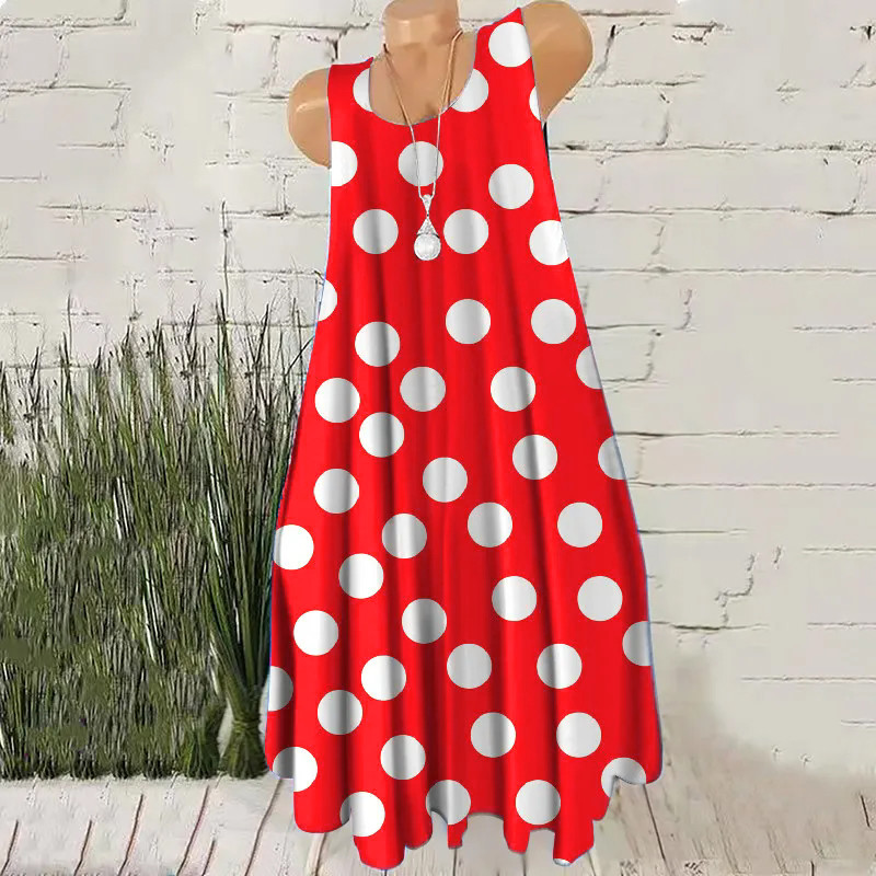 Gaun Mini Wanita Pola Bintik Bulat Tanpa Lengan untuk Musim Panas, Dress Kasual Trendi dengan Printi