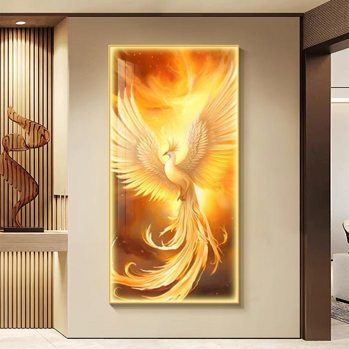 Lukisan Porcelain 5D Diamond Lampu LED Motif Phoenix Merah Coklat Hoki Pajangan Dinding Burung