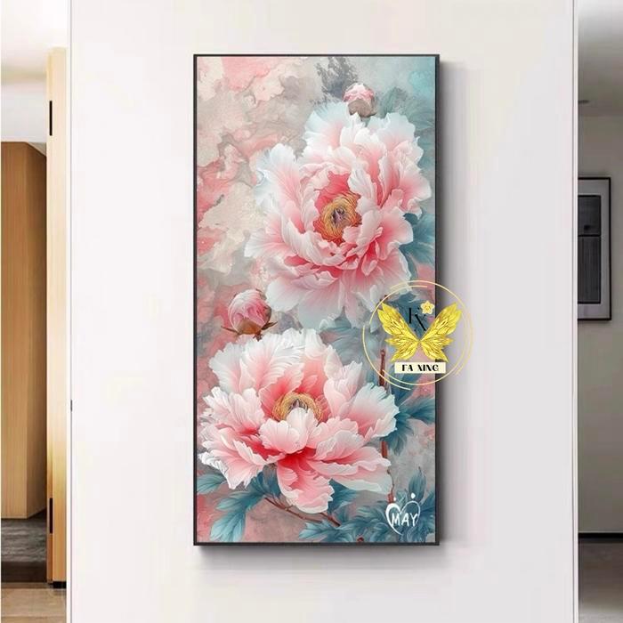 HOT SALE Lukisan Porcelain 5D Diamond Motif Bunga Mawar Peony Vertikal Pajangan Dinding Kristal