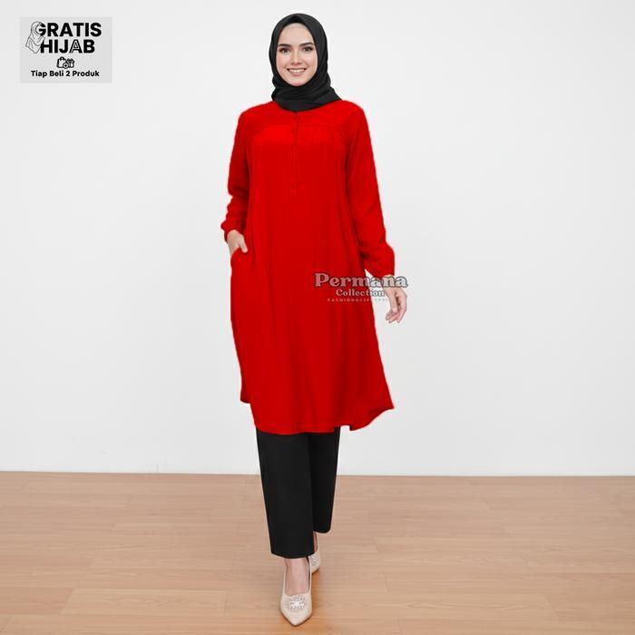 zen Atasan Wanita Lengan Panjang Baju Kemeja Muslim Tunik Warna Merah Dewasa Rayon Kantong Basic