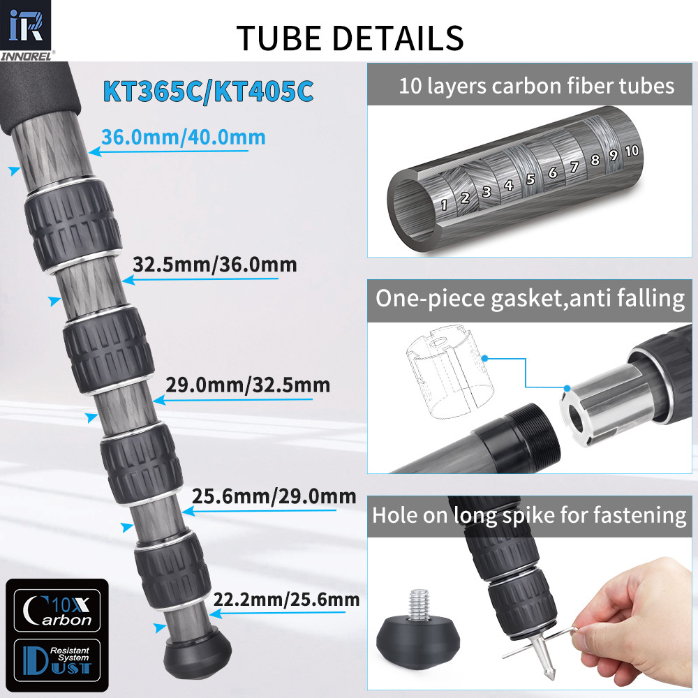 INNOREL KT365C/KT405C 5 Sections Professional Carbon Fiber Tripod, for DSLR Camera with Low Gravity