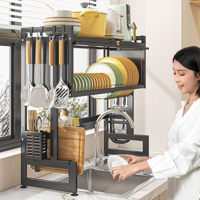 New 105CM Rak Dapur Dengan Penutup Rak Piring Mangkuk Stainless Rak Piring Wastafel Multifungsi Rak