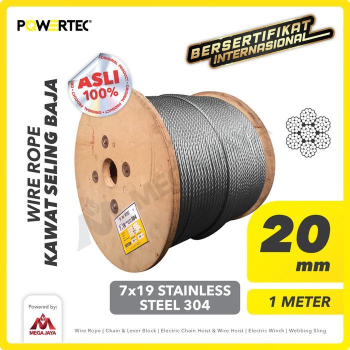 Terlaris - POWERTEC Wire Rope / Kawat Seling Baja 7x19 SS 304 20mm - 1 Meter