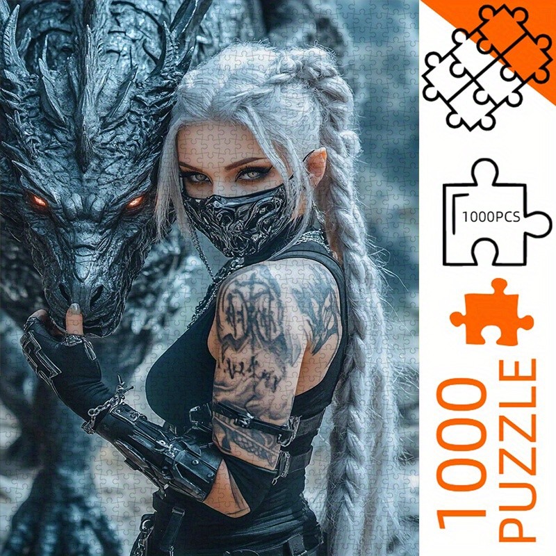 1000pcs DIY Paper Puzzle, Dark Gothic Girl with Dragon, Dragon Tattoo Girl, European and American