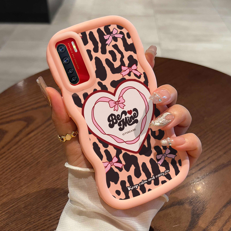 Casing HP Untuk OPPO A91 F15 Reno 3 Case Leopard print heart Kasing Silikon Cesing bingkai krim Soft