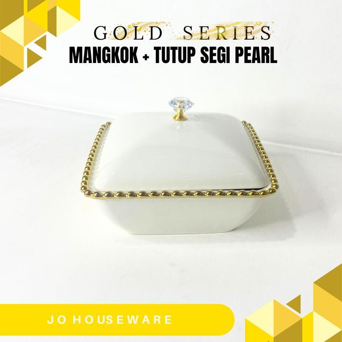 Mangkok saji segi keramik tutup list gold / mangkok Saji Segi Pearl serbaguna / mangkok Unik