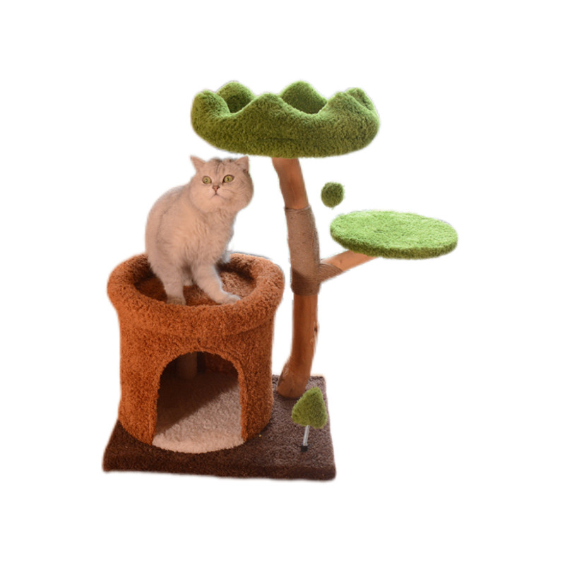 Small Cat Nest with Sword Hemp Pillar, Solid Wood Cat Tree Integrated with Natural Fruit Wood for
