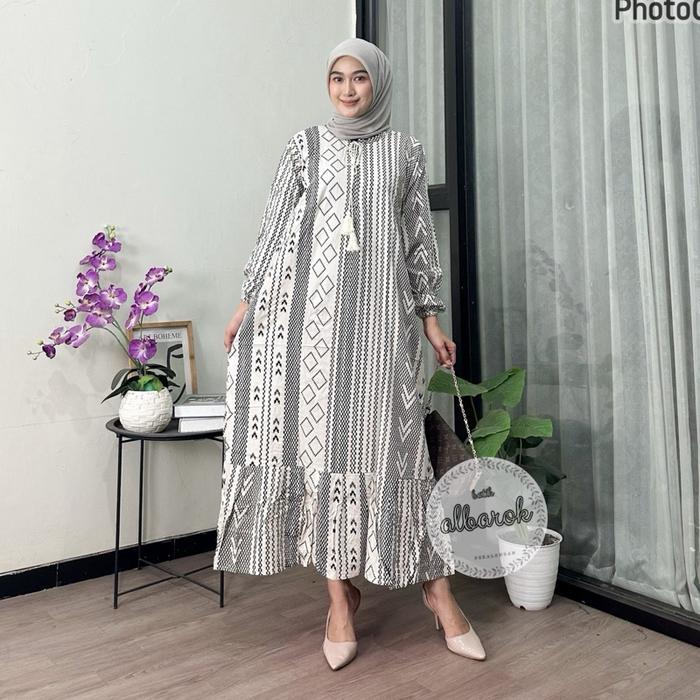 TERBARU Dress Qonita panjang Ld 120 busui bahan rayon premium midi dress pb 130 motif salur etnik