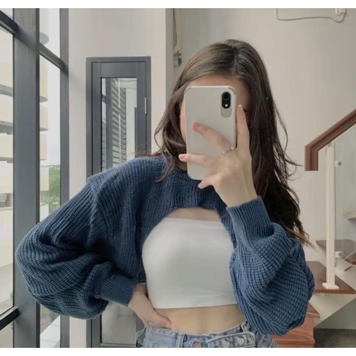 Toply shop Cardigan crop lengan balon rajut tebal / outer wanita rajut kekinian