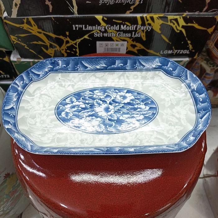 Piring Keramik Saji Makan Oval Biru Putih #Gratisongkir