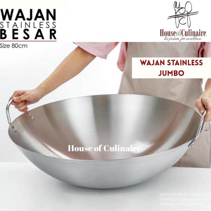 Wajan Besar Stainless Steel Jumbo 60cm 70 cm 80 cm Kuali Wok Tebal Penggorengan Masak Goreng Sayur