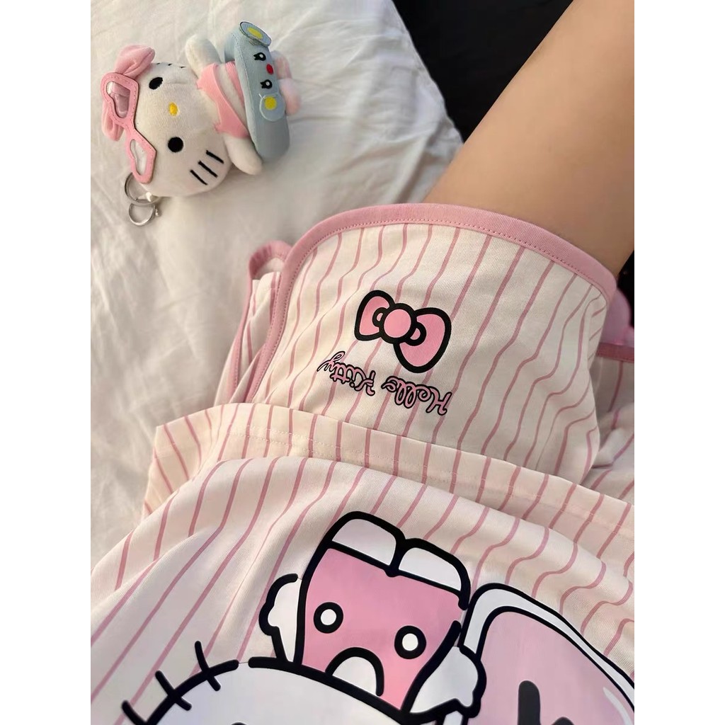 Sanrio Hello Kitty Pajama Set Anime Women's Summer Vest Shorts Suit Leisure Pink Cartoon Stripe