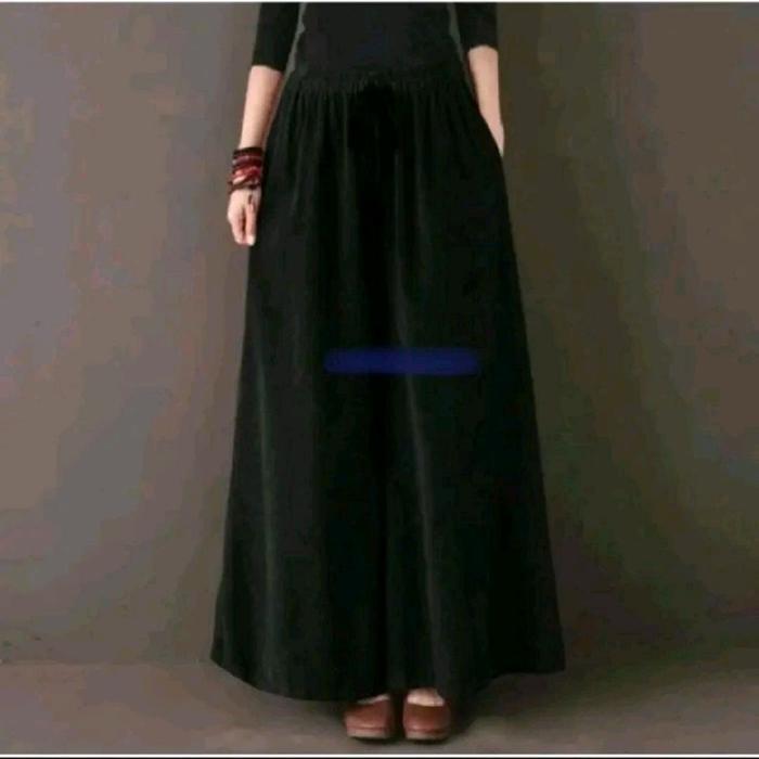 Celana Kulot Palazo Jumbo Full Karet Linen Bulu Kuda Kantong Panjang - Hitam, Allsize