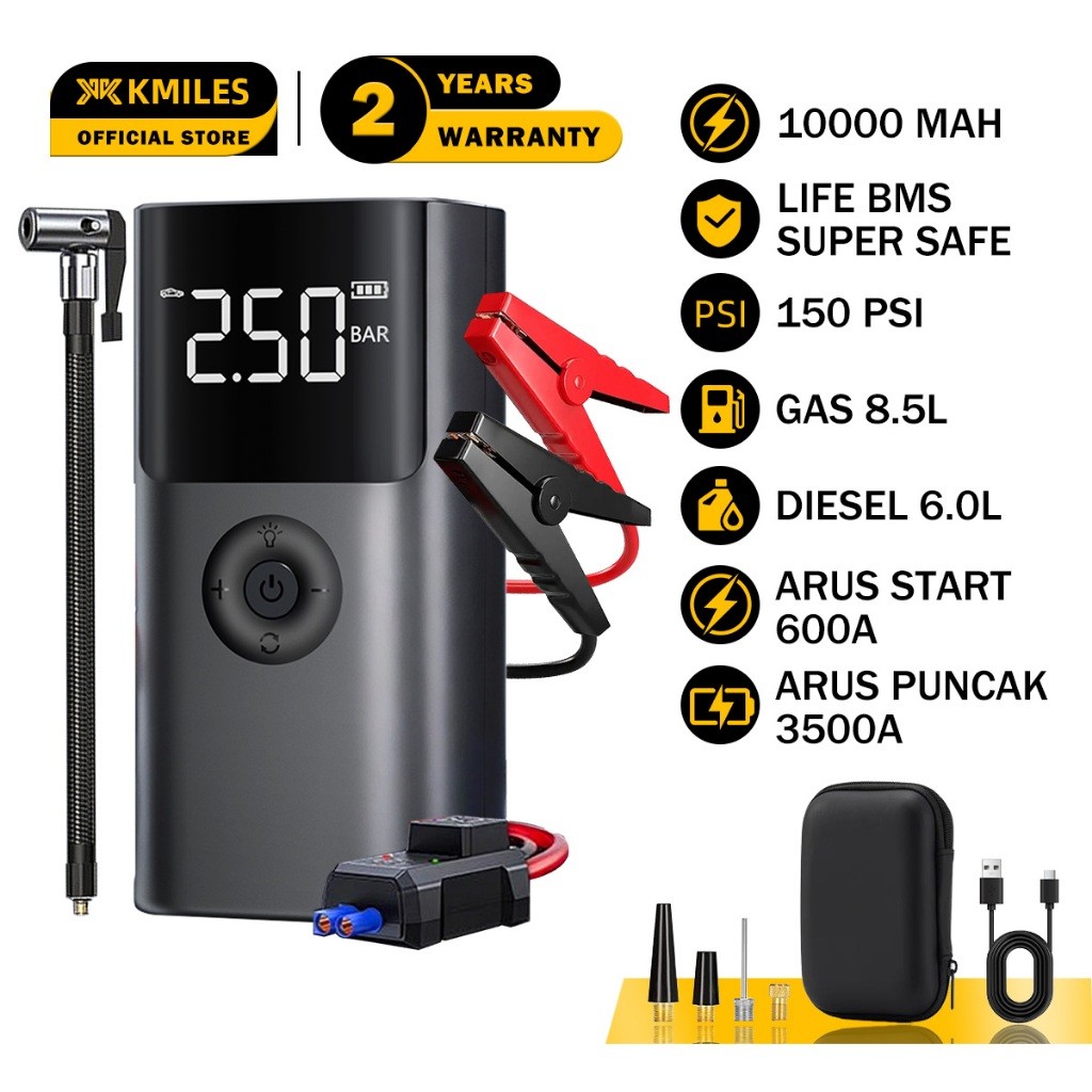 Kmiles Jumper Aki Mobil Portable 10000mah Dengan Pompa Ban Power Bank Dan Lampu Led Jumper Aki Premi