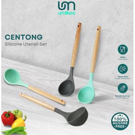 SILICONE UTENSIL CENTONG SILICON TAHAN PANAS GAGANG KAYU CENTONG SILIKON CENTONG KITCHENWARE