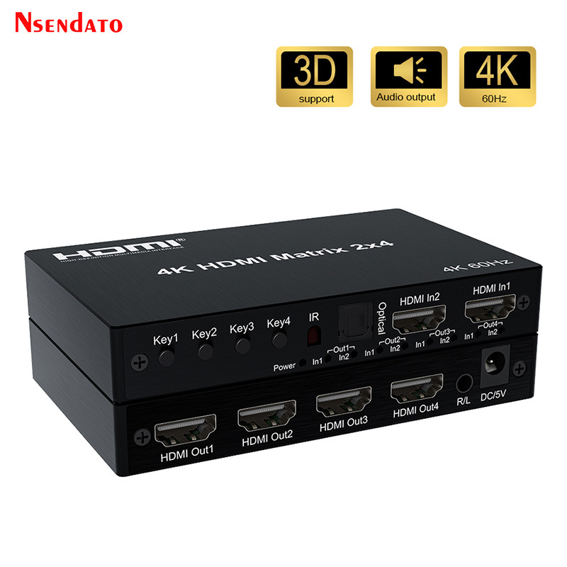 2x4 HDMI Matrix Switch 4K 60Hz HDMI Matrix 2 in 4 out Matrix HDMI Switch Splitter Audio Extractor