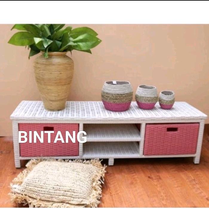 "New" Ready Stok Meja Tv Rotan Sintetis 2 Laci Dvd Lemari Plastik Rak Tv Murah