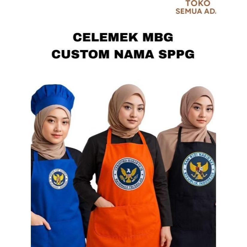 Celemek Mbg / Celemek Sppg / Custom Sablon Dtf / Warna Biru - Orange Terjamin