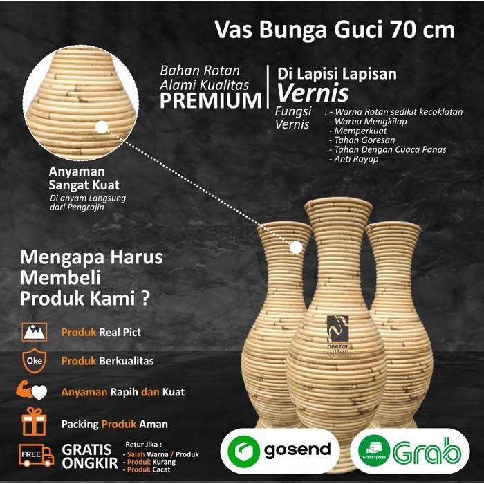 Neezar Rattan Vas Pot Guci Tempat Bunga Rotan Tinggi 70 cm Anyaman Rotan Alami Kualitas Premium,