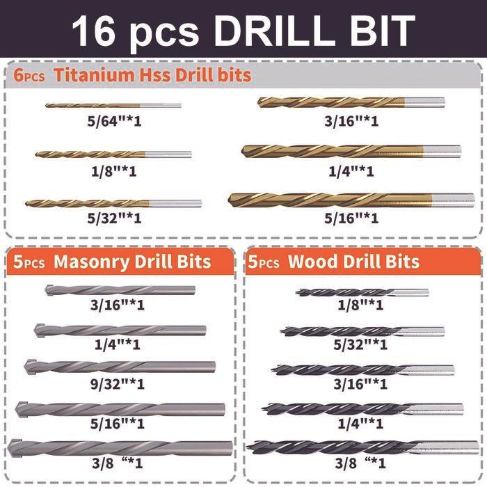 Jld Mata Bor Set 16Pcs Mata Bor Multifungsi Baja Beton Tembok Kayu Hss Titanium Power Drill Bits