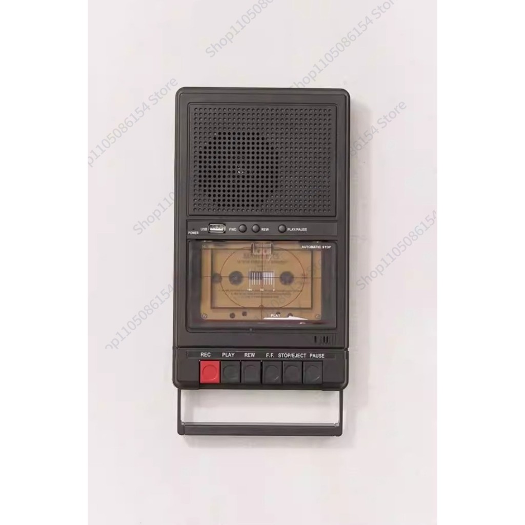 Retro cassette player, tape recorder, shoe box type, portable, black and white tape player, USB