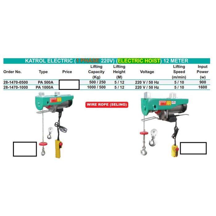 Readyyy Katrol Elektrik / Elektrik Hoist 1 Ton 1000Kg / Wipro Pa1000 / Pa-1000