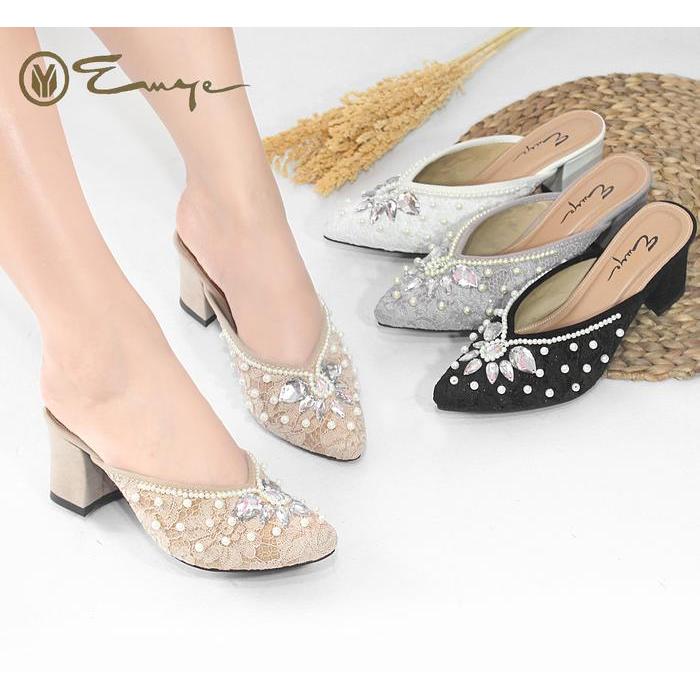 Emye- Sepatu Brukat Pengantin Payet Wanita Hak 5&7 Cm Pesta Heels Hitam Shoes Wedding