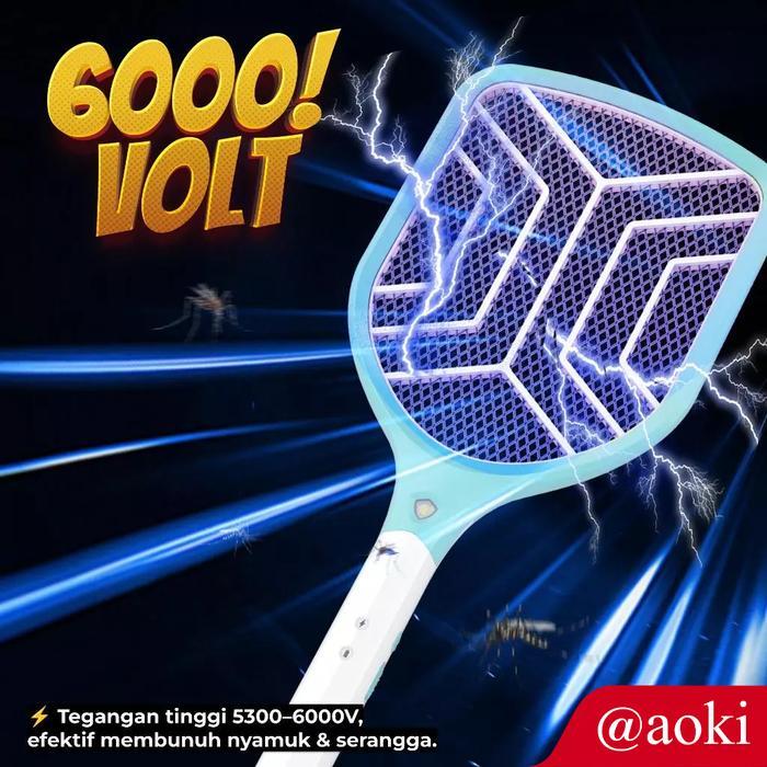 Aoki - Raket Nyamuk Rechargeable Tegangan Tinggi 6000V Baterai Bisa Diganti Baterai Lithium 1200Mah